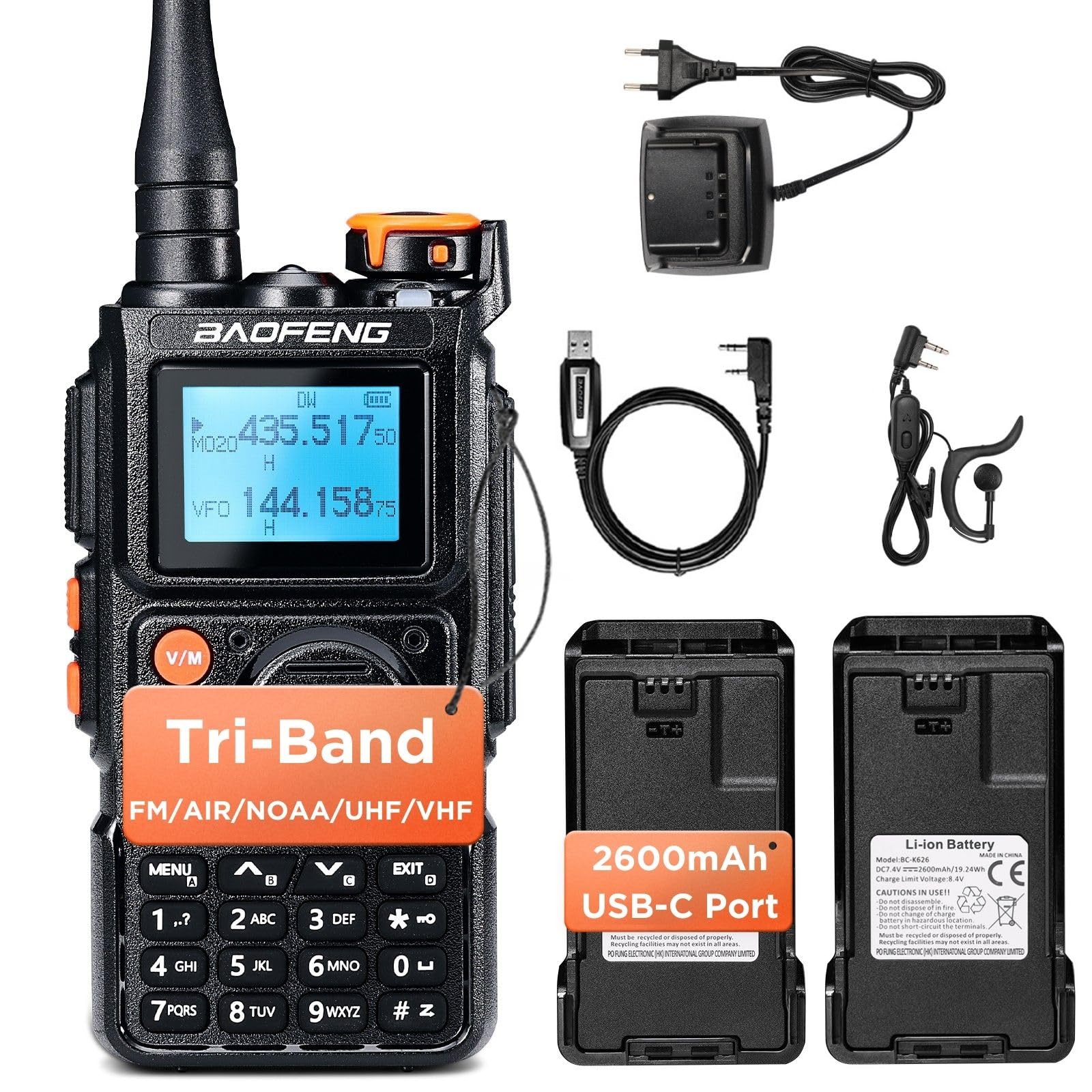 BAOFENG K6 Tri-Band Handheld Ham Radio, UHF/VHF/1.25M/NOAA/FM/Air Multi Band Receiver, with Dual 2600mAh Battery Type-C Charging, 999CH, Earpiece, Desktop Charger, Portable Walkie Talkie Two Way Radio